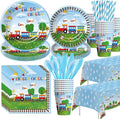 APOWBLS Train Birthday Party Supplies Tableware, Chugga Choo Train 1st 2nd 3rd Birthday Decorations, Paper Plate, Cup, Napkin, Disposable Cutlery, Straw, Tablecloth | 24 Guests