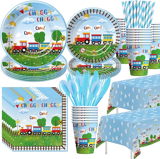 APOWBLS Train Birthday Party Supplies Tableware, Chugga Choo Train 1st 2nd 3rd Birthday Decorations, Paper Plate, Cup, Napkin, Disposable Cutlery, Straw, Tablecloth | 24 Guests