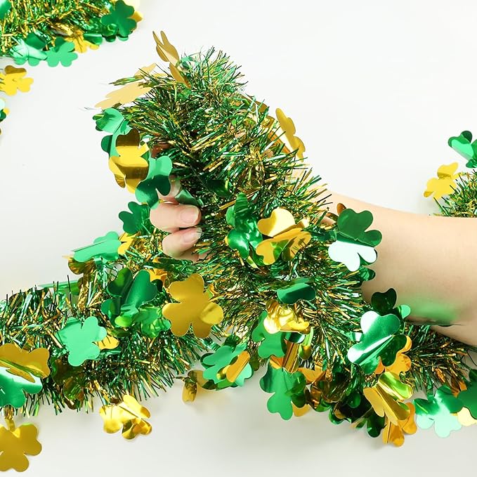 50FT St Patrick's Day Tinsel Garland, Green Gold Shamrock Clover Garland, Shiny Metallic Hanging Shamrock Streamer St Patricks Day Decorations Irish Decor