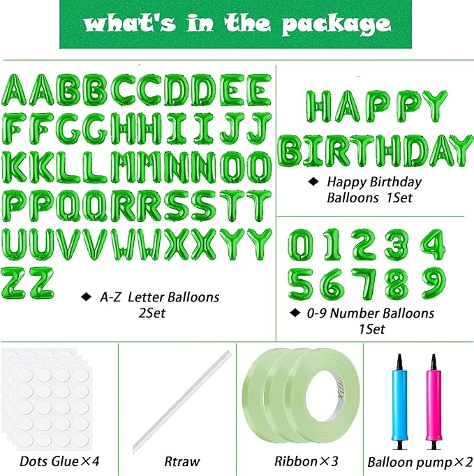 Happy Birthday Balloon Banner Custom Phrase Balloons letter 16 inch Personalized Alphabet Letters Foil Mylar Balloons (Green)
