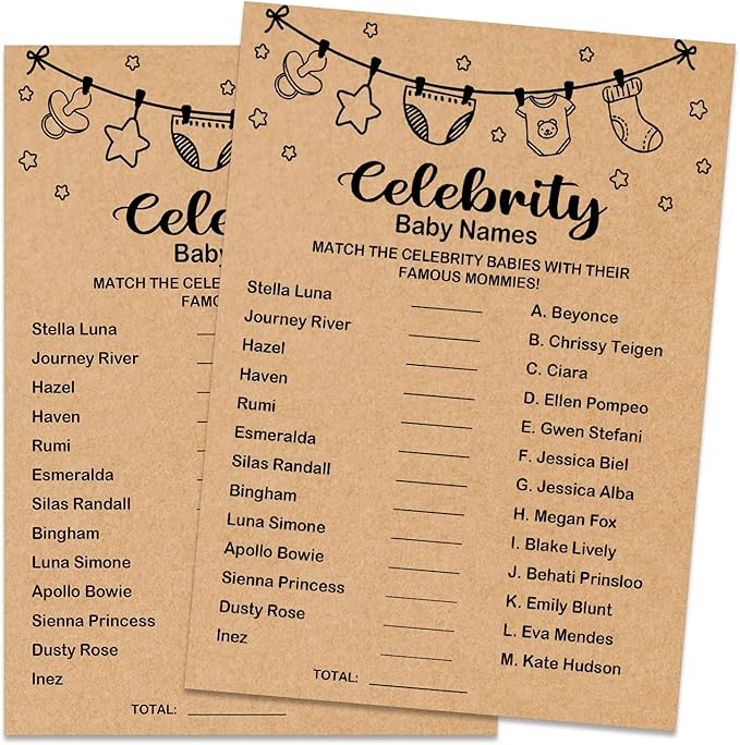 Baby Shower Game, Celebrity Baby Names, Baby Shower Party Games Supplies & Activities, Baby Shower Decorations, Baby Shower Ideas, Set of 30 Cards, Kraft