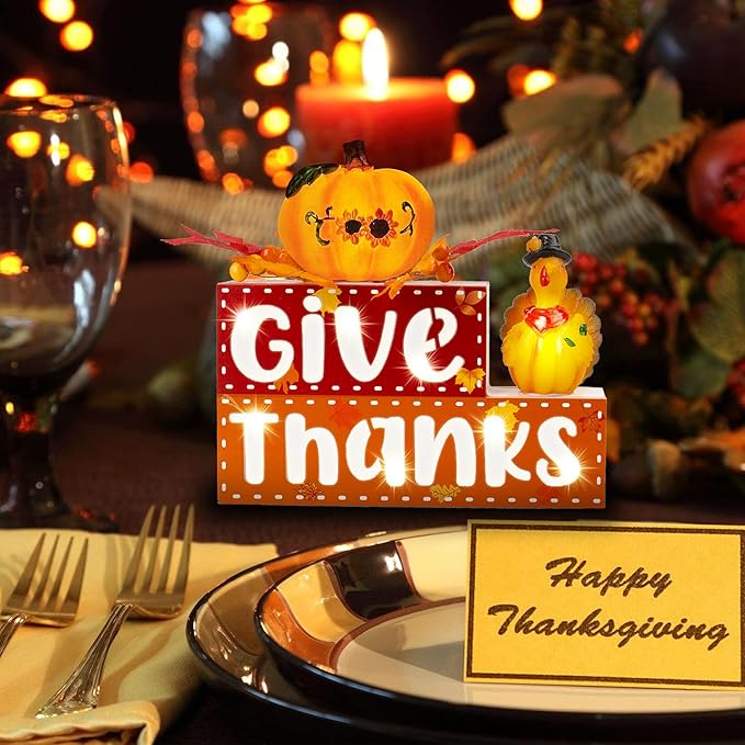 BlcTec Thanksgiving Decorations for Home, Lighted Thanksgiving Wood Block Sign with 3D Letters, Pumpkin, Turkey, Maples, Fruit, Timer, Battery Operated Thanksgiving Sign for Table, Mantle, Shelf Home Décor