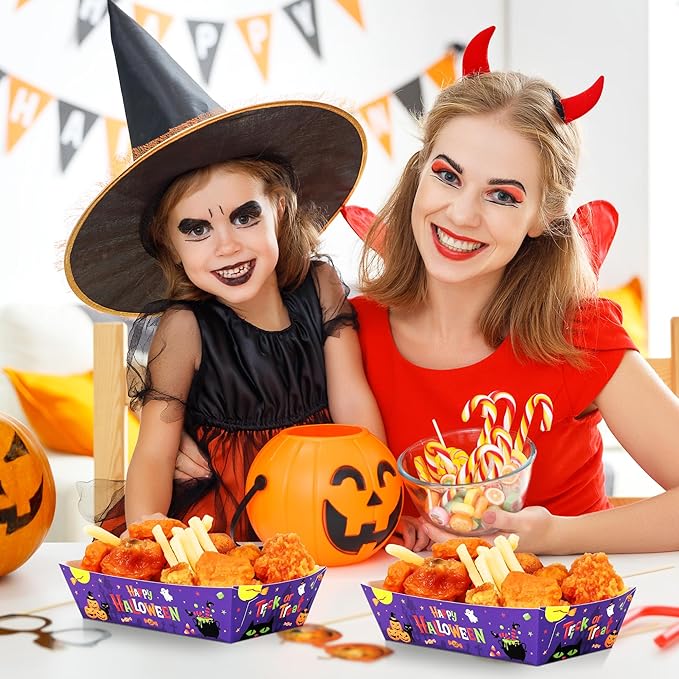 50 PCS Halloween Decorations, Disposable Halloween Paper Food Trays, Fold-to-Assemble Halloween Party Favors, Take Out Food Serving Tray for Trick or Treat Party Food Storage Serving Supplies