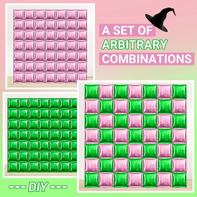 50 PCS Pink Green Square Foil Balloon Wall Backdrop 19 Inch Reusable DIY Mylar Balloons Tunnel Garland Arch Kit for Witch and Princess Theme Party Birthday Bachelorette Party Decoration