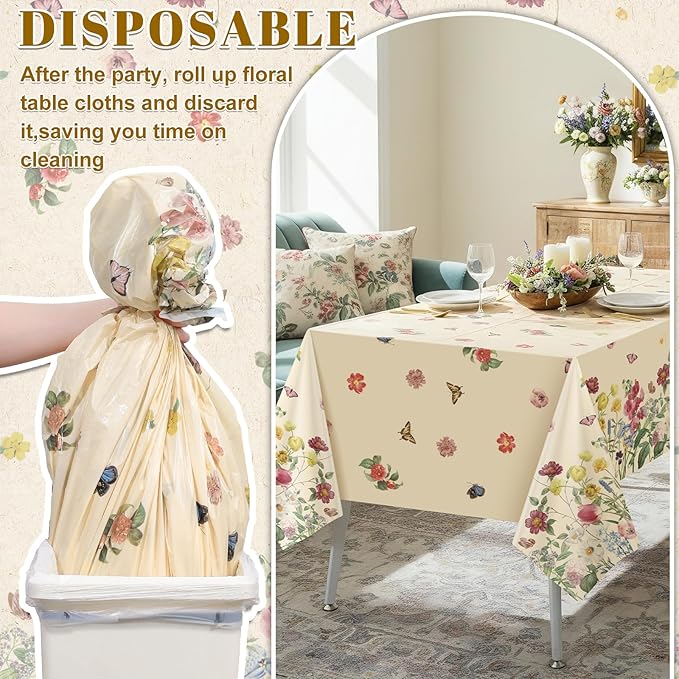 3 Pack Spring Floral Plastic Tablecloths, 54×108Inch Tea Party Tablecloth Rectangle Vintage Table Cloth Butterfly Wildflower Porcelain Table Decor for Easter Mother's Day Birthday Garden Wedding