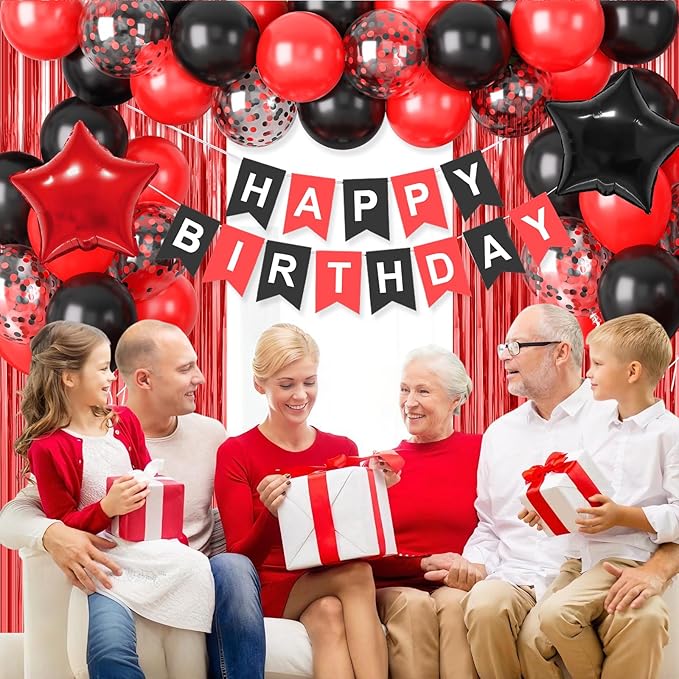 Red and Black Party Decorations for Men Women Boys Girls, Red Black Confetti Balloons 'HAPPY BIRTHDAY' Banner Fringe Curtains Foil Balloons Cake Topper for Birthday Party Decor