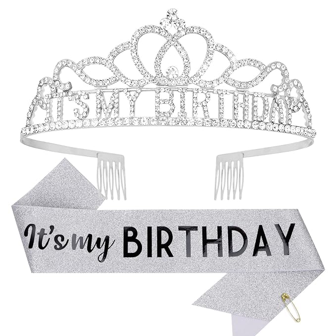 CAVETEE Birthday Crowns for Women - Its My Birthday Sash and Crown Set for Adult Women - Silver