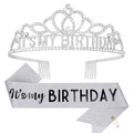 CAVETEE Birthday Crowns for Women - Its My Birthday Sash and Crown Set for Adult Women - Silver