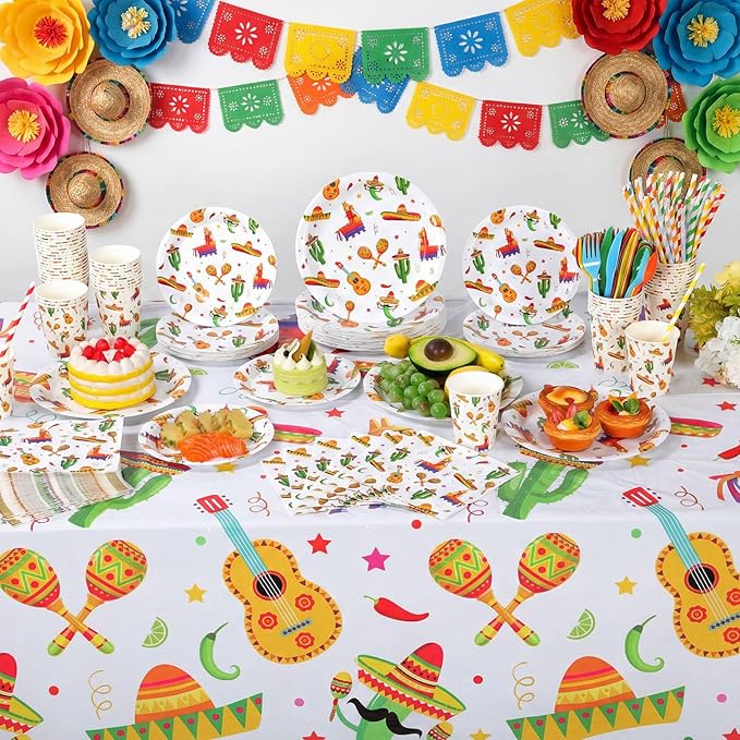 Ceenna 452 Pcs Mexican Party Supplies for 50 Guests, Fiesta Plates Napkins Cups Tablecloth Cutlery Straw Tableware for Cinco De Mayo Birthday Taco Party Decorations