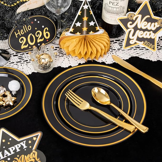 175PCS Black and Gold Plates - Black Disposable Plates for Party - 25Guests Disposable Dinnerware Set for Graduation Wedding Party Birthday