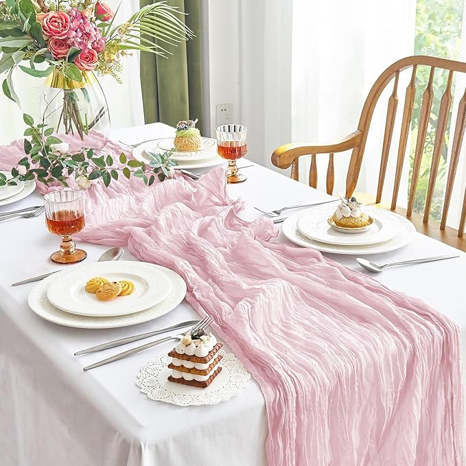 IVAPUPU 4 Pcs Cheesecloth Table Runner - 10ft Pink Easter Spring Boho Gauze Cheese Cloth Table Runners for Baby Shower Decoration Wedding Party Summer Garden Farmhouse Decor