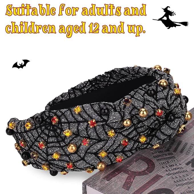 Halloween Headbands for Women, Spider Web Black Pearl Rhinestone Wide Jeweled Knotted Headband, Crystal Beaded Jeweled Top Knot Embellished Headband Hair Accessories Halloween Birthday Gift