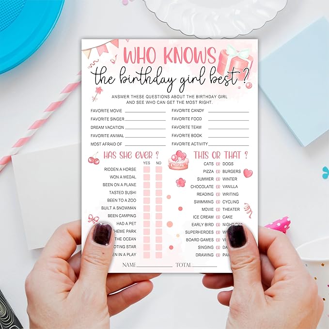 6"X8" Who Knows The Birthday Girl Best - Blush Birthday Elements - Funny Double-Sided 3-in-1 Game Card Set For Girls Birthday Party, Sleepover Party Activities, Favor & Supplies (20Pcs)- A10