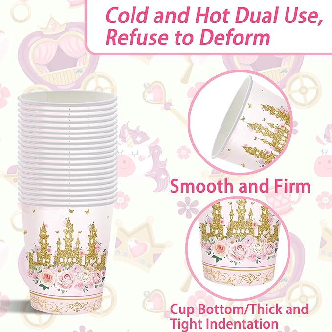 Pink Castle Party Supplies Set, Princess Theme 141 Pieces with Plates, Napkins, Cups and Tableware for 20 Guest Pink Castle Design Cuterly for Princess Party