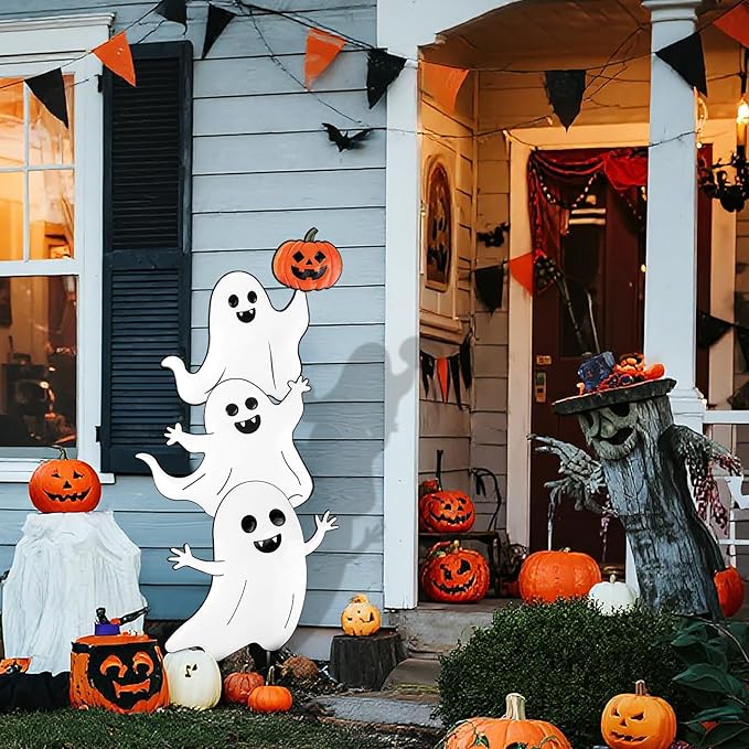 Halloween Ghost Yard Signs Metal Ghost Yard Sign with Pumpkin Halloween Metal Garden Stakes for Outdoor Garden Lawn Patio Pathway Horror Party Decorations