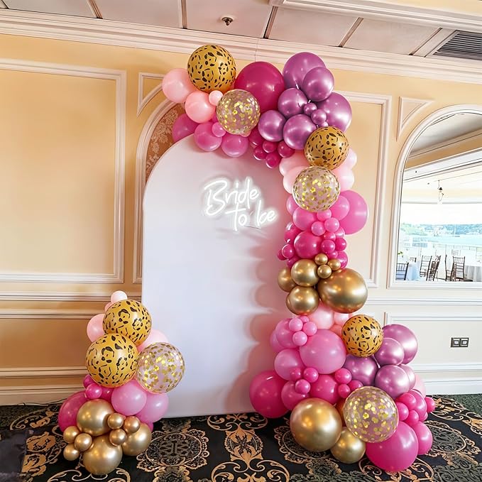 Hot Pink Cheetah Print Balloon Arch Kit, 112Pcs Pink Gold Balloon Garland with Gold Leopard Print Latex Balloon for Valentines Day Safari Jungle Animal Wild Cheetah Zoo Theme Birthday Party Decoration