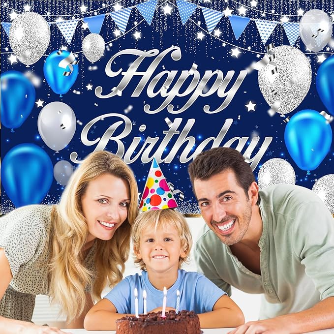 Happy Birthday Banner - Birthday Decorations for Men Women Boys Girls Blue Sliver Birthday Party Banners Welcome Happy Birthday Background Sign Theme Party Decorations Indoor Outdoor