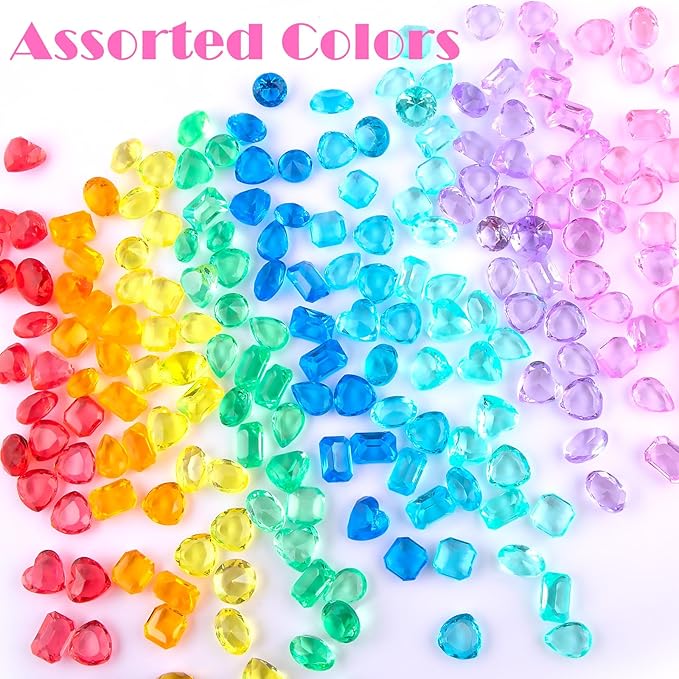 Niceup 200+pcs Kids Gemstones Toys for Pirate Treasure Princess Party Favor Pool Diving Gems Vase Filler Plastic Acrylic Fake Jewels Decors with Heart Diamond Drop Oval Rectangle Square Triangle