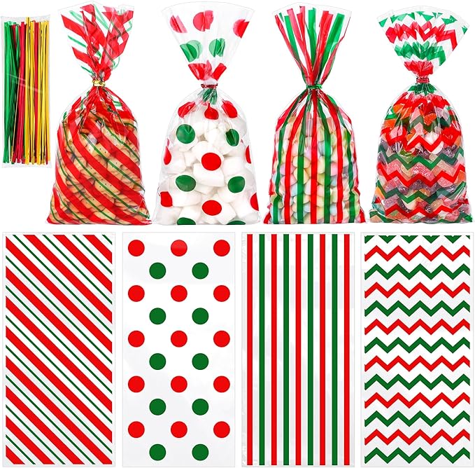 Aneco 100 Pack Christmas Cellophane Bags Classic 10.6 x 5.1 Inch Red Green Plastic Candy Bags Gift Goodie Bag with Twist Ties for Christmas Birthday Gift Cookie Snack Packing Party Favor Supplies