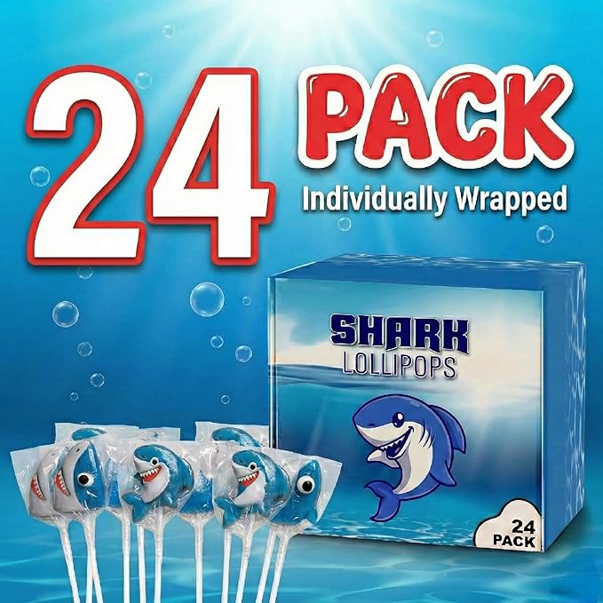Shark Lollipops Bulk 24 Pack – Shark Shaped Candy Suckers Individually Wrapped – Baby Shark Theme – Ocean Under the Sea Party Favors – Birthday Treats for Kids Goodie Bags