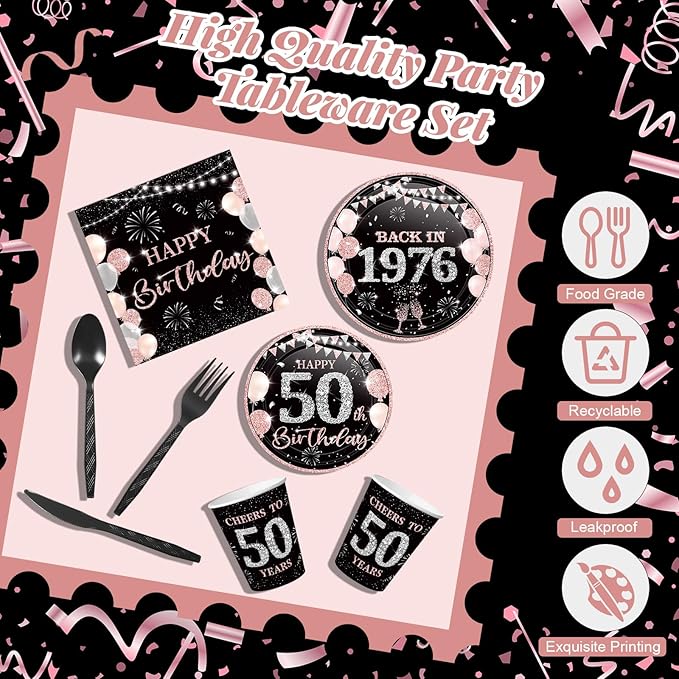 240 Pcs 50th Birthday Decorations 1976 Birthday Party Tableware Include Plates Napkins 9oz Cups Cutlery 50th Anniversary Party Supplies for Men Women Him Her, Serve 30 Guests (Black Pink)
