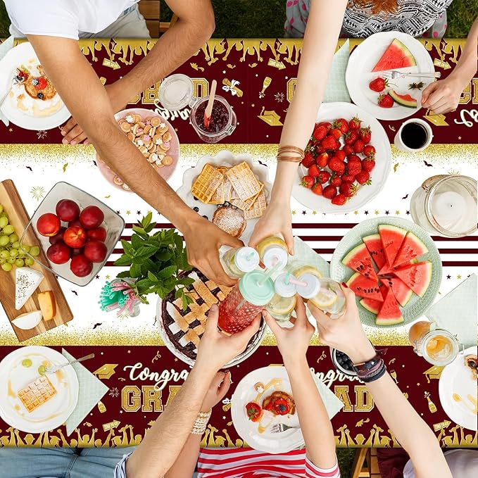 chiazllta Set of 3 Graduation Tablecloths Class of 2026 Congrats Grad Maroon Graduation Party Tablecover Decorations Party Supplies Large Size Plastic 54"x108"(Maroon & Gold)