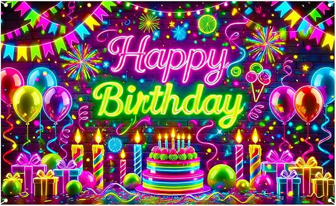 Nuxovilar Neon happy birthday banner - Graffiti Style Cake & Fireworks Backdrop, 71x43 Inch Vibrant Party Decorations for Teens, Urban Yard Sign, Reusable Brick Wall Background