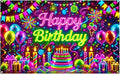 Nuxovilar Neon happy birthday banner - Graffiti Style Cake & Fireworks Backdrop, 71x43 Inch Vibrant Party Decorations for Teens, Urban Yard Sign, Reusable Brick Wall Background