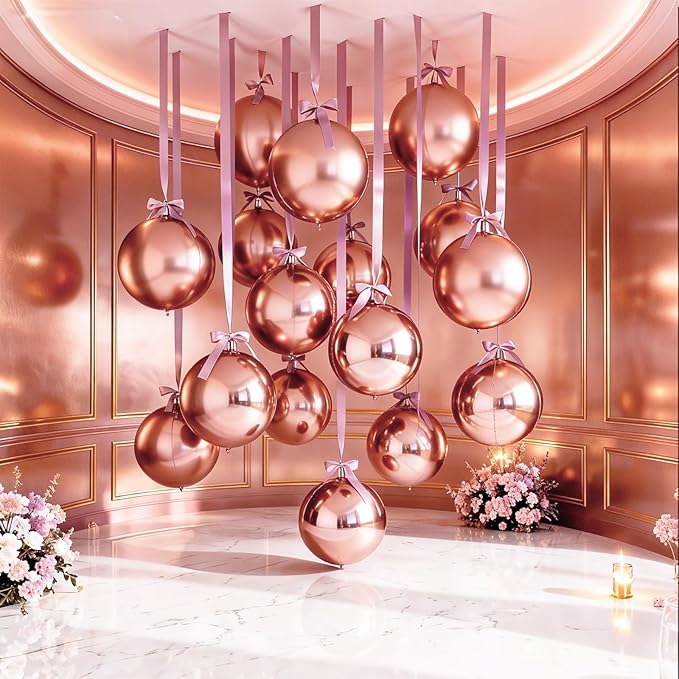 14 Pcs Rose Gold Round Foil Balloons 22/15/10 4D Ball Balloons Rose Metallic Balloon Ornament Mylar Balloon Chrome for Women Birthday Graduation Wedding Anniversary New Year Disco Party Decor