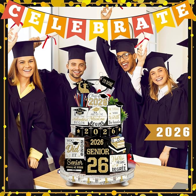 22 Pcs 2026 Graduation Tiered Tray Decor Sets Wooden Graduation Class of 2026 Table Decorations Senior 2026 Gown Diploma Farmhouse Signs for Home Shelf Party Office Desk(Black Gold)