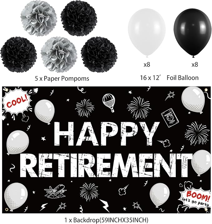 Holkcog Retirement Party Decorations, Black White Happy Retirement Banner Backdrop Paper Fan Hanging Swirls for Coworker, I'm Retired Cupcake Topper for Retiring Women Men Party Supply