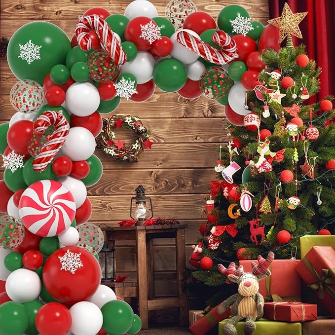 Janinus Christmas Balloons Garland Arch Kit Red Green White Balloons christmas Balloon Arch with Snowflakes Ornaments and candy foil balloons for Christmas Decorations Xmas Party Supplies