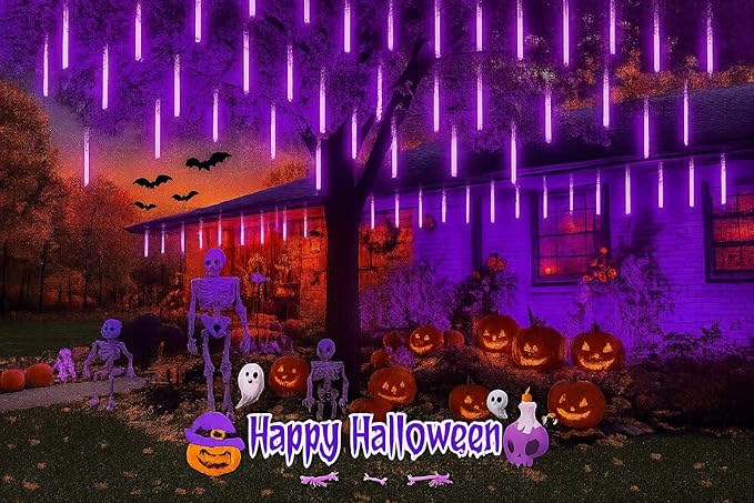 Christmas Decoration Outdoors - 32 Tubes Meteor Shower Lights, Waterproof Falling Rain Lights for Halloween Decor Xmas Tree Garden Yard Wedding Party, Purple