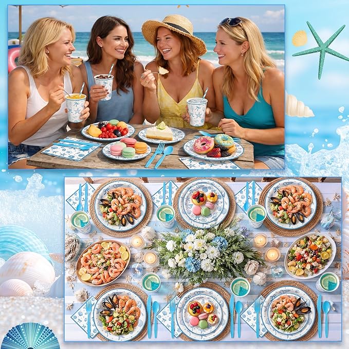 Honeydak 210 Pcs Seashell Beach Party Supplies, Serve 30 Coastal Theme Disposable Paper Plates Blue Ocean Starfish Party Decorations Napkins Forks Cups for Bachelorette Summer Birthday Baby Shower