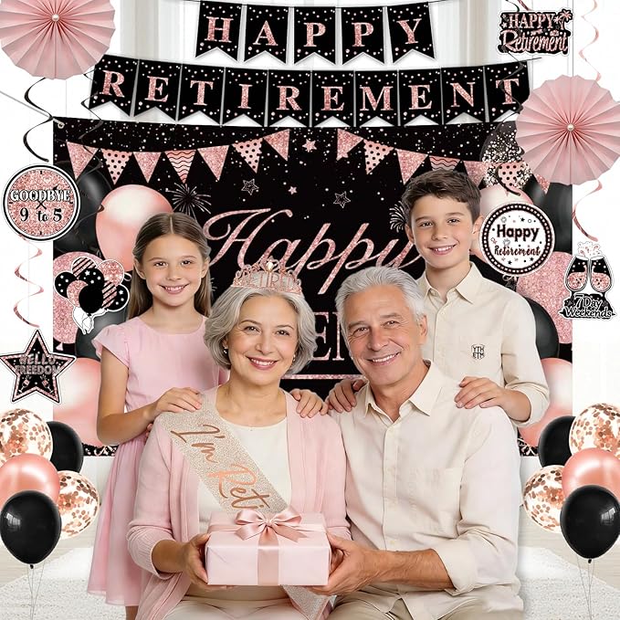 Retirement Party Decorations for Women Rose Gold Retirement Crown and Sash Happy Retirement Banner Backdrop Balloons Paper Fans Hanging Swirl Set