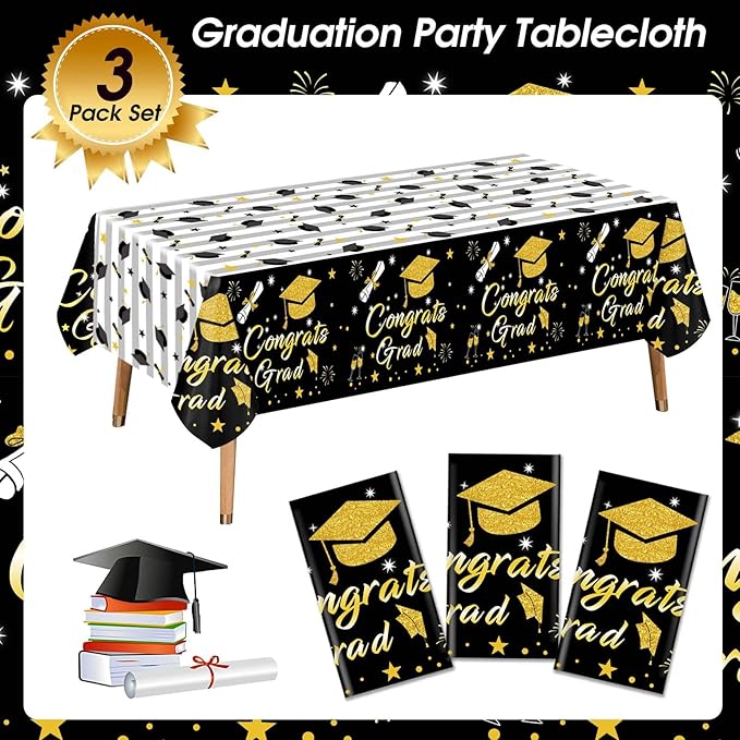 Graduation Tablecloth Party Decorations 2026, 3 Pack Thick Black and Gold 54"x108" Congrats Grad Disposable Table Covers Plastic Cloth Tablecover for College High School Class of 2026 Party Supplies