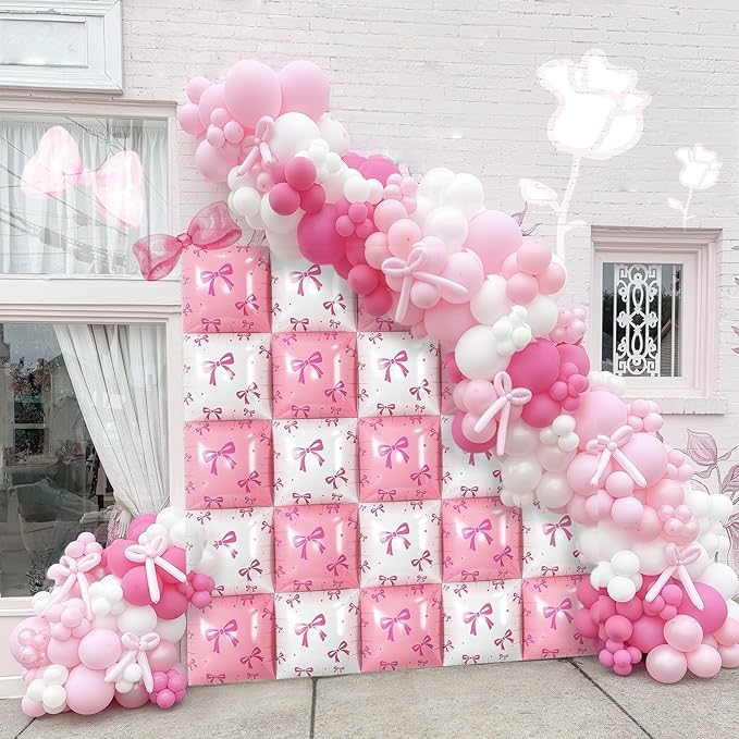 Pink and White Bow Square Foil Balloon Wall, 19 Inch 25Pcs Print Double Sided Baby Pink and Pearl White Balloon Backdrop Tunnel Arch Kit for Girls Women Birthdays Bridal Baby Shower Wedding