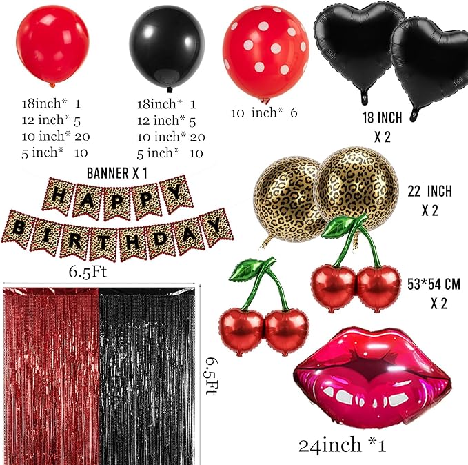 Leopard print party decorations with Red Black polka dot Balloon Arch & lips cherries black hearts foil balloons & banner foil Tinsel Fringe for Girls Woman cheetah print Birthday decorations (Red)