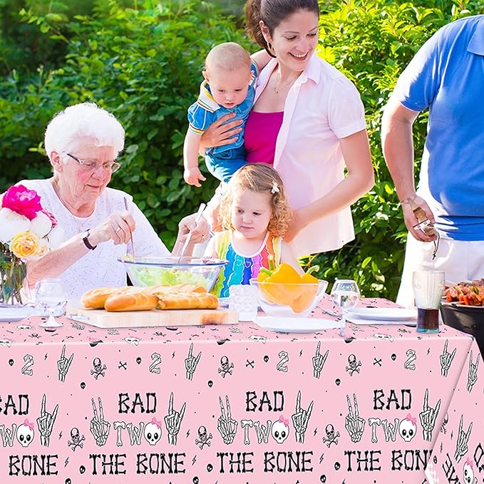 K1tpde 3PCS Bad Two The Bone Party Tablecloth for Girls, Music Themed 2nd Pink Plastic Tablecloth, Rock and Roll 2nd Disposable Table Covers for Birthday Decoration, Bad To The Skeleton Party Supplies