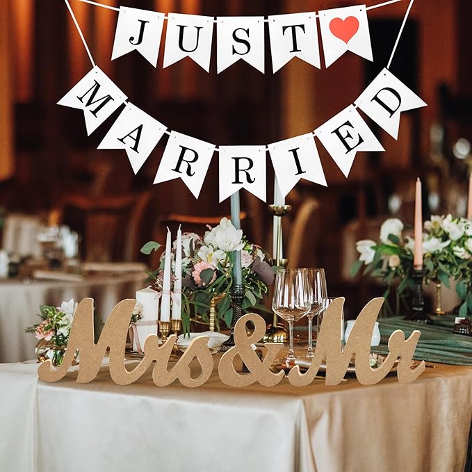 Mr & Mrs Wooden Letters, Just Married Banner, Head Table Wedding Decor - Anniversary, Valentine's Day, Vintage (Wood Color With Banner)