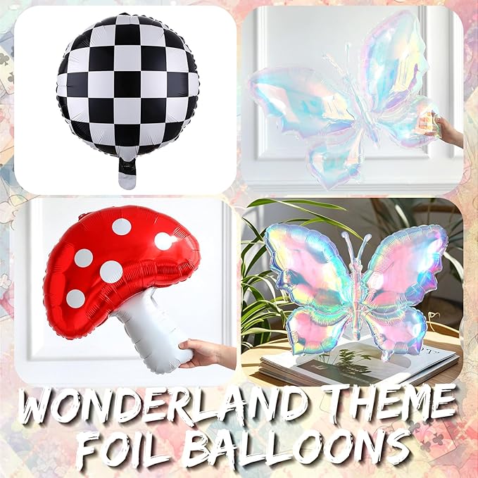 Fairy Wonderland Balloon Arch Kit,163Pcs Pastel Rainbow Balloon Garland with Iridescent Butterfly,Mushroom,Chessboard Foil Balloons for Alice Princess Birthday Onederland Garden Tea Party Decorations