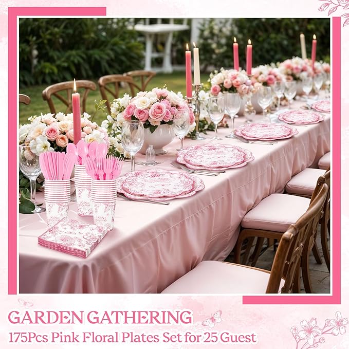 175 Pcs Pink Floral Plates and Napkins, 25 Guest Scalloped Vintage Floral Party Decorations Include Toile Plates Napkins Cups Cutlery for Mothers Day, Wedding, Bridal Baby Shower Tea Party