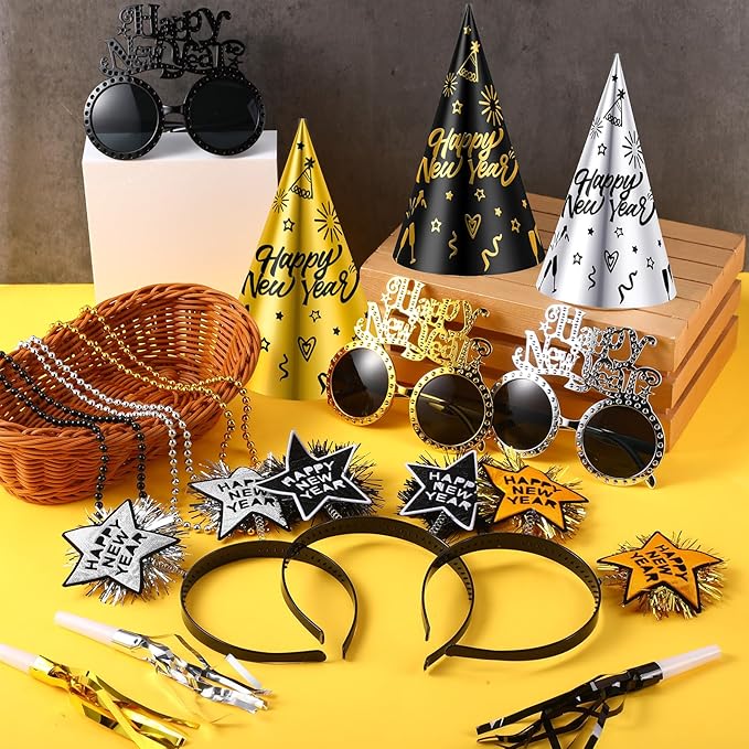 2026 New Years Eve Party Supplies for Guests Happy New Year Headbands Hats Noise Makers Glasses Necklace