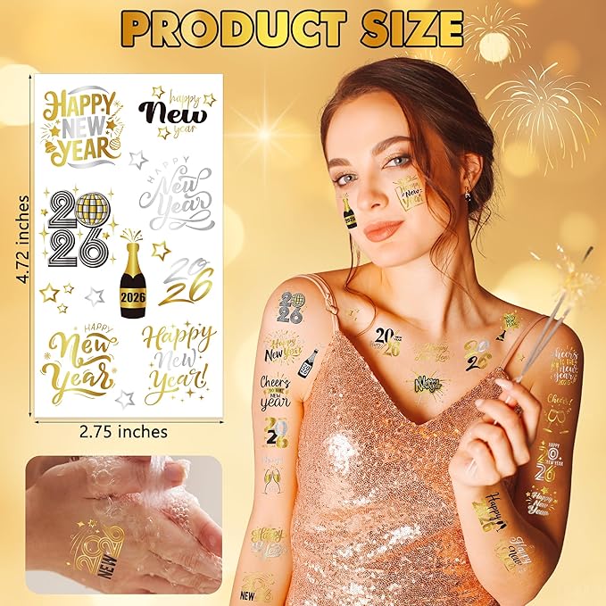 135 Styles New Years Eve Party Supplies, 12 Sheets Glitter New Year Tattoos, 2026 NYE Decorations, Black Gold Silver NYE Party Favors Tattoos Stickers, Holiday Festival Eve Decor