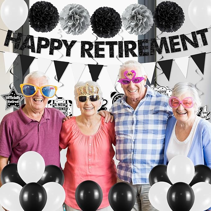 Holkcog Retirement Party Decorations, Black White Happy Retirement Banner Backdrop Paper Fan Hanging Swirls for Coworker, I'm Retired Cupcake Topper for Retiring Women Men Party Supply