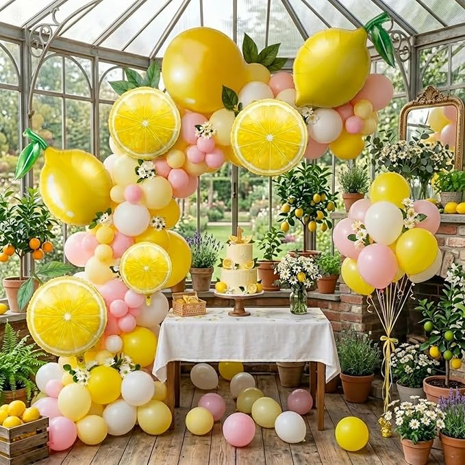 Yellow pink lemon Balloon Garland Arch kit with Sun lemon mylar Balloons for Summer birthday main squeeze Bridal Shower Sweet Baby shower Lemonade Party Decorations lemonade stand supplies