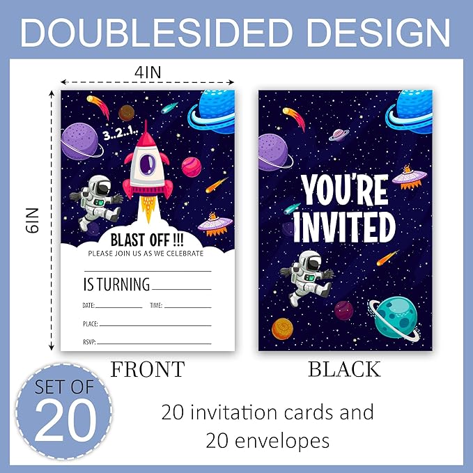 Outer Space Birthday Party Invitations, Planets Rocket Ship Astronaut Invitation Cards with Envelopes, Fits for Boys Girls Teen, Set of 20 Double Sided Printed & Fill In Blank-4 x 6, Party Supplies