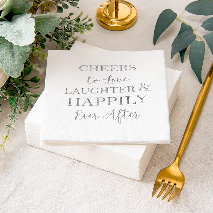 Crisky 3-Ply 50 Count Bridal Shower Napkins Disposable Cocktail Napkins Silver Foil Text Beverage Desert Cake Napkins for Engagement Party Decorations & Wedding Shower, Rehearsal Dinners Napkins