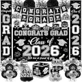 Black and Silver Graduation Decorations 2026 Set, All-in-1 Kit with Congrats Grad Banner Class of 2026 Backdrop Porch Sign Balloons Centerpieces Card Box Pom Poms Streamers for College High School