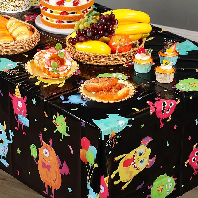 Buryeah 3 Pieces Monster Table Covers Plastic Little Monster Birthday Table Cloths for Kids Boys Birthday Party Decoration Supplies, 54 x 108 Inch
